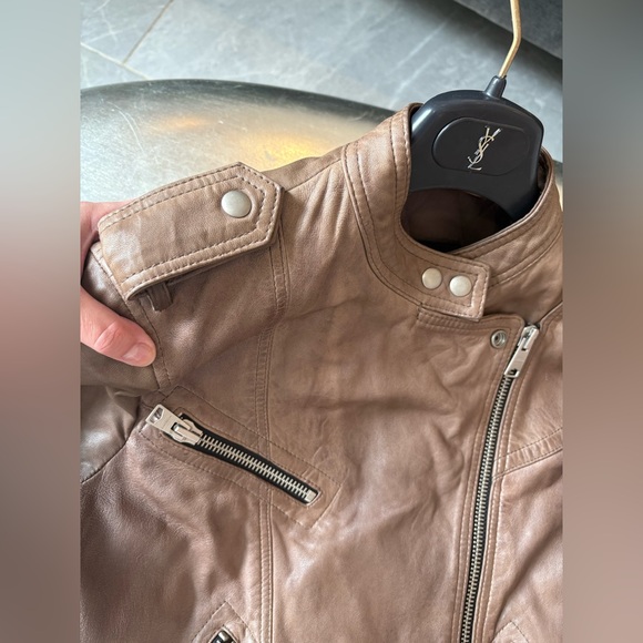 AllSaints Lamb Leather Biker Jacket Natural Pointed Collar Padded Inside US 10 - Picture 15 of 16